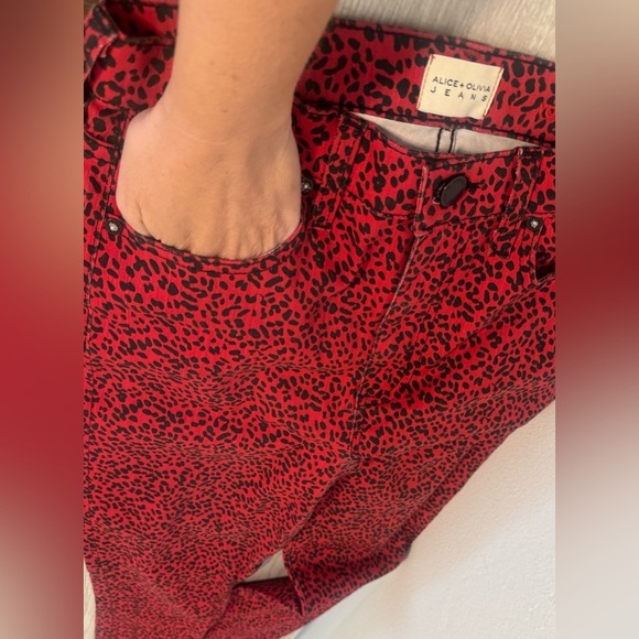 Alice + Olivia Good High Rise Ankle Skinny Jeans Red Leopard Funky Rock Size 28 - Picture 4 of 11